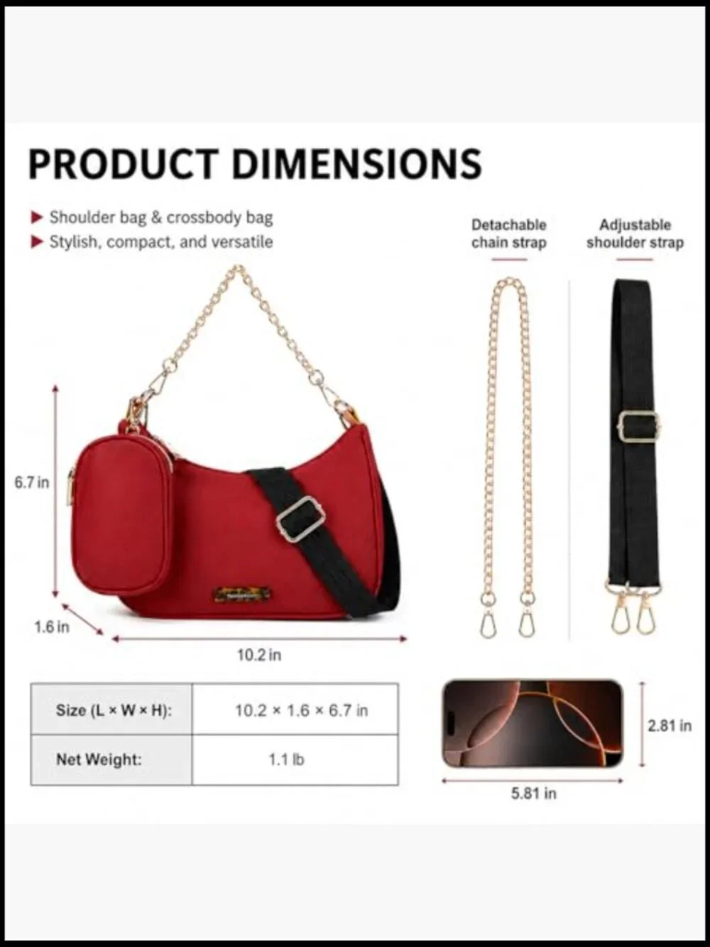 Crescent Hobo Crossbody Bag with Detachable Pouch & Two Straps
